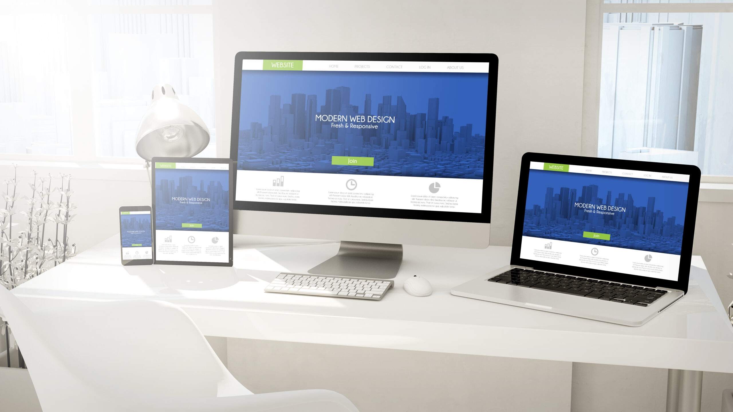 desktop devices computer, tablet, laptop and phone with fresh an